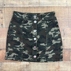 Almost Famous Green Camo Denim Jean High Rise Mini Skirt Womens 3 Cotton